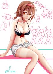 Rule 34 | 10s, 1girl, adapted costume, arm support, bad id, bad pixiv id, bikini, bikini top only, black bikini, breasts, brown eyes, brown hair, cleavage, collarbone, doodle, female focus, franz (217franz), hairband, highres, kantai collection, knees together feet apart, large breasts, looking at viewer, navel, open fly, open mouth, parted lips, pleated skirt, red hairband, shiratsuyu (kancolle), short hair, short shorts, shorts, simple background, sitting, skirt, smile, solo, strap gap, swimsuit, tan, tanline, twitter username, unbuttoned, unzipped, white background