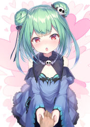 Rule 34 | 1girl, :o, animal print, bare shoulders, blue dress, blue hair, blush, butterfly print, commentary request, detached sleeves, double bun, dress, earrings, flat chest, gradient hair, green hair, hair bun, hair ornament, heart, heart background, highres, holding hands, hololive, jewelry, looking at viewer, multicolored hair, open mouth, pov, pov hands, red eyes, short dress, short hair, skull earrings, skull hair ornament, smile, solo focus, topia, uruha rushia, uruha rushia (1st costume), virtual youtuber