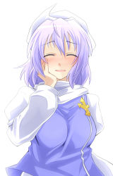 Rule 34 | 1girl, batsu, blush, breasts, close-up, closed eyes, female focus, hand on own cheek, hand on own face, happy, hat, large breasts, letty whiterock, light purple hair, purple hair, short hair, smile, solo, touhou