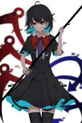 Rule 34 | 1girl, absurdres, ahoge, asymmetrical wings, black dress, black hair, black thighhighs, blue hair, blue wings, bow, bowtie, center frills, commentary request, cowboy shot, dress, frills, hair between eyes, highres, hisha (kan moko), holding, holding weapon, houjuu nue, looking at viewer, multicolored hair, red bow, red bowtie, red eyes, red wings, short dress, short hair, short sleeves, simple background, solo, standing, thighhighs, touhou, two-tone hair, weapon, white background, wings, zettai ryouiki