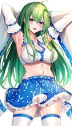 Rule 34 | 1girl, 7saki, armpits, bad id, bad twitter id, bare shoulders, black thighhighs, blue eyes, blue skirt, blush, breasts, cleavage, detached sleeves, frog hair ornament, green hair, hair between eyes, hair ornament, highres, japanese clothes, kochiya sanae, large breasts, long hair, navel, nontraditional miko, open mouth, simple background, skirt, smile, snake hair ornament, solo, thighhighs, touhou, white background, white sleeves, wide sleeves