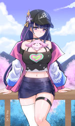 Rule 34 | 1girl, absurdres, alternate costume, animal between breasts, bare shoulders, baseball cap, black hat, black shirt, blouse, breasts, casual, cleavage, contemporary, crop top, feet out of frame, genshin impact, hat, hat ornament, highres, jacket, large breasts, long hair, long sleeves, looking at viewer, midriff, miniskirt, navel, off-shoulder shirt, off shoulder, open clothes, open jacket, pencil skirt, purple eyes, purple hair, purple skirt, raiden shogun, shirt, single thighhigh, skirt, solo, standing, t-shirt, thigh strap, thighhighs, thighs, very long hair, white jacket, white thighhighs, yae miko, yae miko (fox), zhihe box