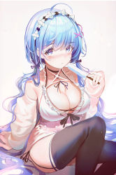 Rule 34 | 1girl, absurdres, ahoge, ahr tato, alternate hair length, alternate hairstyle, bare shoulders, bikini, black choker, black ribbon, black thighhighs, blue eyes, blue hair, blush, bow, breasts, choker, cleavage, collarbone, commentary, food, garter straps, hair bow, hair ornament, hair over one eye, hair ribbon, halterneck, hand up, highres, holding, holding food, large breasts, long hair, long sleeves, looking at viewer, low twintails, maid, maid bikini, maid headdress, pink bow, pink ribbon, re:zero kara hajimeru isekai seikatsu, rem (re:zero), ribbon, side-tie bikini bottom, sitting, sleeves past wrists, solo, swimsuit, symbol-only commentary, thighhighs, twintails, unconventional maid, very long hair, x hair ornament