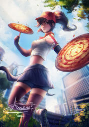Rule 34 | 1girl, axsen, baseball cap, black gloves, breasts, brown hair, city, cloud, day, dutch angle, employee uniform, fingerless gloves, food, gloves, hair between eyes, hat, holding, league of legends, long hair, looking at viewer, looking back, midriff, miniskirt, outdoors, pizza, pizza delivery, pizza delivery sivir, ponytail, signature, sivir, skirt, sky, solo, thighhighs, uniform, wind, zettai ryouiki