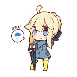 Rule 34 | 1girl, ahoge, alternate costume, artoria pendragon (all), artoria pendragon (fate), blonde hair, blue eyes, boots, chibi, fate/stay night, fate (series), full body, highres, looking at viewer, nuu (nu-nyu), raincoat, rubber boots, saber (fate), smile, solo, spoken object, standing, translation request, umbrella