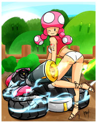 Rule 34 | 1girl, absurdres, ass, bare legs, bare shoulders, bikini, blush stickers, border, braid, brown footwear, bush, character tattoo, cross-laced footwear, day, fence, full body, go-kart, high heels, highres, hill, i am jemboy, leg up, looking at viewer, looking back, mario (series), mario kart, mario kart 8, midriff, nintendo, one eye closed, open shoes, outdoors, pink hair, race queen, red vest, sandals, signature, sky, smile, solo, standing, standing on one leg, swimsuit, tattoo, toad (mario), toadette, twin braids, vest, white bikini, white border, wink, wooden fence