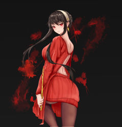 Rule 34 | 1girl, 444c (user mezz4285), absurdres, ass, back, backless outfit, black background, black hair, blood, bloody weapon, breasts, brown pantyhose, closed mouth, dagger, dress, earrings, floating hair, from behind, gold earrings, hairband, highres, holding, holding dagger, holding knife, holding weapon, jewelry, knee up, knife, large breasts, long hair, looking at viewer, looking back, pantyhose, red eyes, red sweater, sidelocks, solo, spy x family, stiletto (weapon), sweater, sweater dress, weapon, white hairband, yor briar
