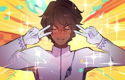 Rule 34 | 1boy, arjuna (fate), blush, brown hair, closed mouth, dark-skinned male, dark skin, double v, emotional engine - full drive, fate/grand order, fate (series), full-face blush, gloves, hair between eyes, hands up, jacket, male focus, parody, sagta panggang, short hair, solo, sparkle, sweatdrop, v, wavy mouth, white gloves, white jacket, yellow background
