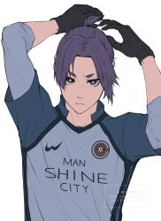 Rule 34 | 1boy, arms up, black gloves, blue lock, blue shirt, closed mouth, collared shirt, gloves, highres, lllou illust, looking at viewer, male focus, mikage reo, purple eyes, purple hair, shirt, short eyebrows, short hair, short ponytail, simple background, soccer uniform, solo, sportswear, twitter username, upper body, v-shaped eyebrows, white background