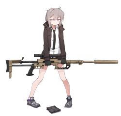 Rule 34 | 1girl, anti-materiel rifle, bad id, bad pixiv id, black gloves, black necktie, black skirt, bolt action, brown jacket, cheytac m200, closed mouth, collared shirt, dress shirt, full body, girls&#039; frontline, gloves, gun, highres, holding, holding gun, holding weapon, hood, hood down, hooded jacket, jacket, light brown hair, loose necktie, m200 (girls&#039; frontline), magazine (weapon), messy hair, narynn, necktie, open clothes, open jacket, pigeon-toed, pleated skirt, popped collar, purple eyes, rifle, scope, shirt, shoes, sidelocks, simple background, skirt, sniper rifle, socks, solo, weapon, white background, white shirt, zipper