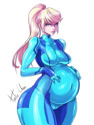 Rule 34 | 1girl, absurdres, blonde hair, blue eyes, bodysuit, breasts, cameltoe, covered erect nipples, hand on own stomach, highres, large breasts, looking at viewer, metroid, mole, mole under mouth, nintendo, ponytail, pregnant, samus aran, skin tight, smile, solo, thick thighs, thighs, turtlechan, wide hips, zero suit