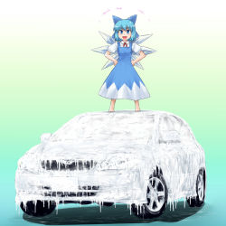 Rule 34 | +++, 1girl, :d, barefoot, blue eyes, blue hair, bow, car, cirno, frozen, hair bow, hands on own hips, ice, matching hair/eyes, motor vehicle, on vehicle, open mouth, short hair, smile, solo, standing, touhou, toyota, toyota corolla, tsuyadashi shuuji, vehicle, vehicle focus, wings