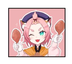 Rule 34 | 1girl, ;d, animal ear fluff, animal ears, bangs pinned back, beret, black border, blue eyes, border, cat ears, chicken leg, diona (genshin impact), food, forehead, genshin impact, hands up, hat, highres, holding, holding food, long sleeves, looking at viewer, mtkignsn, one eye closed, open mouth, outline, pink background, pink hair, pink shirt, puffy long sleeves, puffy sleeves, purple hat, shirt, short eyebrows, smile, solo, thick eyebrows, white outline