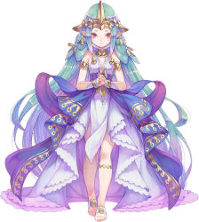 Rule 34 | 1girl, absurdly long hair, armlet, bracelet, bridal gauntlets, dress, full body, green hair, hair rings, headpiece, jewelry, leglet, long hair, luca (seiken densetsu), official art, own hands clasped, own hands together, pointy ears, sash, seiken densetsu, seiken densetsu 2, simple background, smile, solo, standing, thick eyebrows, toeless legwear, toes, very long hair, white background