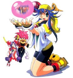 Rule 34 | 1990s (style), 1boy, 3girls, bandana, bell, bike shorts, bloodberry, blue hair, breasts, cherry (saber j), earrings, full body, gloves, green eyes, hanagata mitsurugi, heart, jewelry, jingle bell, kotoyoshi yumisuke, large breasts, lime (saber j), long hair, multiple girls, official art, open mouth, pink hair, purple hair, retro artstyle, saber marionette j, simple background, twintails, white background, wide sleeves