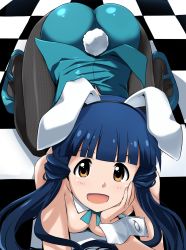 Rule 34 | 1girl, :d, all fours, animal ears, aqua ribbon, ass, black hairband, black pantyhose, blue footwear, blue hair, blue leotard, breasts, brown eyes, character request, checkered floor, choker, cleavage, fake animal ears, from above, hairband, head rest, highres, leotard, long hair, looking at viewer, open mouth, pantyhose, playboy bunny, rabbit ears, ribbon, shiny clothes, shoes, small breasts, smile, solo, strapless, strapless leotard, twintails, wrist cuffs, yumekaranigeruna