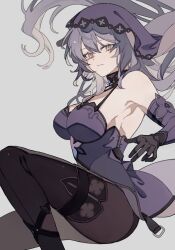 Rule 34 | 1girl, armpits, bare shoulders, black gloves, black pantyhose, black swan (honkai: star rail), closed mouth, detached sleeves, dress, ellygretta, floating hair, gloves, grey background, grey hair, hashtag-only commentary, highres, honkai: star rail, honkai (series), knee up, long hair, looking at viewer, pantyhose, purple dress, purple sleeves, simple background, solo, veil, yellow eyes