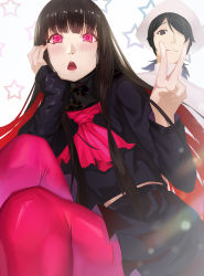 Rule 34 | 1girl, ascot, black hair, black shirt, black skirt, blush, brown eyes, brown hair, closed mouth, commentary request, fate/grand order, fate (series), gaoyang ou nisang, hair over one eye, hands up, hat, highres, long hair, long sleeves, looking at viewer, one eye covered, open mouth, oryou (fate), pantyhose, pink ascot, pink eyes, pleated skirt, red pantyhose, sakamoto ryouma (fate), shirt, skirt, smile, star (symbol), v, white hat