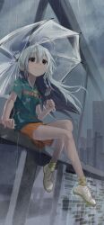 1girl absurdres ahoge arm_support braid brown_eyes building cloud cloudy_sky commentary_request food_print green_shirt green_socks grey_hair grey_sky hair_between_eyes highres holding holding_umbrella hooded_shirt hoshi_syoko idolmaster idolmaster_cinderella_girls light_blush long_hair looking_afar mushroom_print orange_skirt outdoors rain revision shirt shoes short_sleeves sitting_on_fence skirt sky smile socks solo takesoboro textless_version transparent transparent_umbrella umbrella wet white_footwear