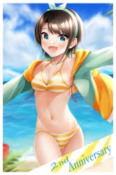 Rule 34 | 1girl, absurdres, anniversary, bare shoulders, beach, bikini, black hair, blue eyes, blurry, blurry background, blush, border, breasts, brown hair, cleavage, collarbone, commentary request, flower, green jacket, halterneck, highres, hololive, hood, hood down, hooded jacket, jacket, long sleeves, looking at viewer, medium breasts, multicolored clothes, multicolored jacket, navel, ocean, oozora subaru, oozora subaru (hololive summer 2019), open mouth, orange bikini, outstretched arms, red flower, short hair, smile, solo, stomach, striped bikini, striped clothes, swimsuit, two-tone bikini, virtual youtuber, white bikini, white border, yellow jacket, yumemo