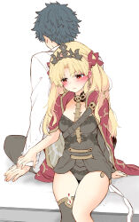 Rule 34 | 1boy, 1girl, azumi (myameco), back-to-back, black hair, black pants, black thighhighs, blonde hair, blush, breasts, cape, cleavage, closed mouth, commentary request, earrings, ereshkigal (fate), fate/grand order, fate (series), fujimaru ritsuka (male), jewelry, long hair, long sleeves, medium breasts, pants, red cape, red eyes, shirt, short hair, simple background, single thighhigh, sitting, thighhighs, thighs, trembling, white background, white shirt