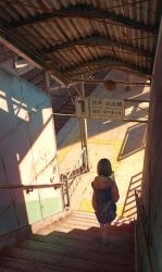 Rule 34 | 1girl, backpack, bag, cellphone, evening, from behind, highres, hood, hoodie, ikegami kouki, outdoors, phone, realistic, shoes, short hair, smartphone, sneakers, solo, stairs, tactile paving, train station