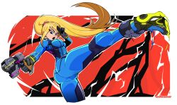 Rule 34 | 1girl, abstract background, absurdres, artist name, ass, blonde hair, blue bodysuit, blue eyes, bodysuit, breasts, covered navel, curvy, female focus, floating hair, foreshortening, from side, glowing, gun, high heels, highres, holding, holding gun, holding weapon, incoming kick, ishiexe, large breasts, leg up, long hair, metroid, motion lines, nintendo, open mouth, ponytail, samus aran, sideboob, solo, standing, standing on one leg, super smash bros., teeth, upper teeth only, weapon, wrist cuffs, zero suit