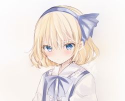 Rule 34 | 1girl, alice margatroid, alice margatroid (pc-98), bad id, bad pixiv id, beige background, blonde hair, blue bow, blue bowtie, blue eyes, blue hairband, blue ribbon, blush, bow, bowtie, commentary request, hair ribbon, hairband, looking at viewer, nanase nao, ribbon, shirt, short hair, solo, touhou, touhou (pc-98), white shirt