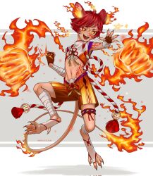 Rule 34 | 1boy, animal ears, animal feet, arm wrap, bright pupils, buck teeth, claws, cropped shirt, cross scar, digitigrade, fingerless gloves, fire, flame-tipped tail, flame tattoo, flaming ears, flaming hand, full body, gloves, grey background, hands up, highres, kouhaku nawa, leg wrap, looking at viewer, male focus, midriff, monster boy, mouse boy, mouse ears, mouse tail, open mouth, orange eyes, original, red gloves, red hair, red shorts, rope, sabuneko2645, scar, scar on face, shimenawa, short hair, short sleeves, shorts, simple background, solo, star (symbol), tail, teeth, thigh strap, toeless footwear, twitter username, uneven eyes, whiskers, white pupils