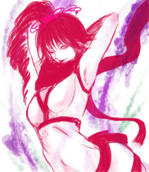 Rule 34 | 1girl, armpits, arms up, breasts, female focus, kunoichi (sengoku musou), long hair, midriff, ponytail, scarf, sengoku musou, sengoku musou 3, solo, uraku, wink