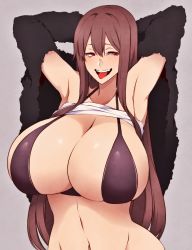 Rule 34 | 1girl, arms behind head, arms up, bikini, bikini top only, breasts, clothes lift, fur jacket, halterneck, highres, huge breasts, hz (666v), jacket, original, red eyes, red hair, shirt lift, smile, solo, swimsuit, tongue, tongue out