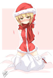 Rule 34 | 1girl, absurdres, arms behind back, artist name, bed sheet, blonde hair, blunt bangs, blush, bob cut, christmas, closed mouth, commentary, cutlass (girls und panzer), dress, elbow gloves, embarrassed, fidgeting, full body, fur-trimmed dress, fur trim, girls und panzer, gloves, hat, highres, kneeling, light frown, looking at viewer, microdress, naruka box, on bed, outline, red scarf, sack, santa dress, santa hat, scarf, short hair, signature, sleeveless, sleeveless dress, solo, thighhighs, white gloves, white outline, white thighhighs, yellow eyes