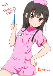 Rule 34 | 1girl, artist name, black hair, blush, brown eyes, character name, chijou noko, chikanoko, commentary request, copyright name, dated, dress, hand on own hip, hat, long hair, looking at viewer, name tag, nurse, nurse cap, pink dress, ragho no erika, revision, signature, smile, solo, thermometer