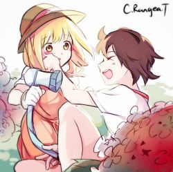 Rule 34 | 10s, 2girls, apron, artist name, asagao to kase-san, bare legs, blonde hair, brown hair, bush, catelyne, flower, gloves, hand on another&#039;s cheek, hand on another&#039;s face, hat, hat ribbon, highres, holding, holding hose, hose, kase tomoka, laughing, multiple girls, open mouth, pink ribbon, profile, ribbon, shirt, short hair, signature, straw hat, t-shirt, white gloves, yamada yui, yellow eyes