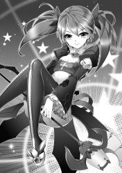 Rule 34 | 1girl, aile (crossroads), aisha landar, ass, bad id, bad pixiv id, bandeau, elsword, flat chest, greyscale, highres, long hair, monochrome, panties, pantyshot, smile, solo, star (symbol), thighhighs, twintails, underwear, void princess, void princess (elsword)