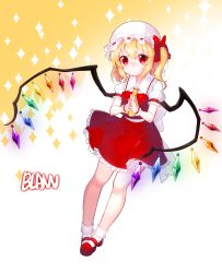 Rule 34 | 1girl, artist name, ascot, blonde hair, bobby socks, crystal, fingers together, flandre scarlet, full body, gradient background, hat, hat ribbon, highres, looking at viewer, mary janes, milcona, miniskirt, mob cap, puffy short sleeves, puffy sleeves, red eyes, ribbon, sash, shirt, shoes, short hair, short sleeves, side ponytail, skirt, skirt set, socks, solo, sparkle, touhou, vest, white socks, wings, wrist cuffs
