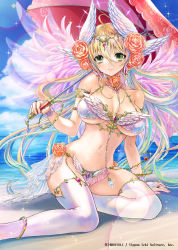 Rule 34 | 1girl, beach, bikini, blonde hair, character request, feathered wings, feet out of frame, gem, green eyes, hair between eyes, head wings, highres, holding, holding umbrella, hori airi, horizon, jewelry, navel, parasol, pink wings, solo, swimsuit, thighhighs, umbrella, water, white bikini, white thighhighs, white wings, wings, z/x