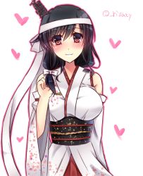 Rule 34 | 1girl, bare shoulders, black hair, blush, breasts, detached sleeves, floral print, hachimaki, hair ornament, hair ribbon, headband, heart, kantai collection, large breasts, long hair, looking at viewer, low-tied long hair, nontraditional miko, one-hour drawing challenge, red eyes, ribbon, sakura umi, short hair, smile, solo, twitter username, white headband, white ribbon, wide sleeves, yamashiro (kancolle), yamashiro kai ni (kancolle)