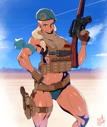 Rule 34 | assault rifle, badge, bare arms, bare legs, belt, beret, blue eyes, blue panties, blue sky, cloud, cloudy sky, dessert, food, glock, gloves, grey lips, gun, hair tie, hand on own hip, handgun, hat, highres, holding, holding gun, holding weapon, knife, long hair, looking at viewer, low-tied long hair, low side ponytail, muscular, muscular female, ogami, original, panties, parted lips, pouch, rifle, scarf, signature, sky, tan, thick thighs, thigh pouch, thighs, underwear, v-shaped eyebrows, vest, vest pouch, weapon