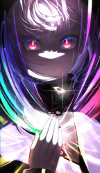 Rule 34 | 1girl, chromatic aberration, expressionless, hand on own chest, highres, looking at viewer, multicolored background, multicolored eyes, original, short hair, white hair