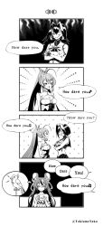 Rule 34 | 3girls, 4koma, animal ears, bird, breasts, cleavage, cleavage cutout, clothing cutout, coffee mug, comic, commentary, crossed arms, cup, english text, feather hair ornament, feathers, greyscale, hair between eyes, hair down, hair ornament, hakos baelz, highres, holding, holding cup, hololive, hololive english, large breasts, long hair, medium breasts, monochrome, mouse ears, mouse girl, mug, multicolored hair, multiple girls, nanashi mumei, off shoulder, one eye closed, ouro kronii, parrot, ponytail, symbol-only commentary, taka t, thought bubble, twitter username, underboob, underboob cutout, very long hair, virtual youtuber