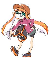 1girl :d aqua_eyes baseball_cap black_shoes black_shorts bucket carrying_against_hip colored_shoe_soles dorsiflexion dot_nose fang full_body grey_skirt grin hand_on_own_hip happy hat highres holding holding_bucket hood hoodie inkling inkling_girl inkling_player_character leaning_forward long_hair long_sleeves looking_at_viewer multicolored_shoes nintendo open_mouth orange_hair orange_hat orange_shoes outstretched_arm pink_hoodie pointy_ears sen_squid shoes shorts shorts_under_skirt simple_background skirt slosher_(splatoon) smile solo spiked_shoes spikes splatoon_(series) split_mouth standing standing_on_one_leg tachi-e third-party_source three_quarter_view twintails two-tone_shoes very_long_hair watercolor_effect white_background