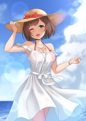 Rule 34 | 1girl, bare shoulders, blush, breasts, brown hair, cleavage, cloud, collarbone, commentary, day, dress, green eyes, hat, highres, idolmaster, idolmaster cinderella girls, jewelry, kurisu-kun, large breasts, looking at viewer, maekawa miku, necklace, open mouth, outdoors, short hair, smile, solo, sun hat, white dress