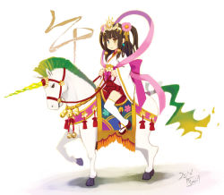 Rule 34 | 1girl, bell, blue eyes, bow, brown hair, fake horns, hair bow, hair ornament, heterochromia, horns, horse, horseback riding, japanese clothes, jingle bell, long sleeves, new year, original, riding, ryoji (nomura ryouji), sandals, shawl, simple background, single horn, skirt, smile, solo, thighhighs, twintails, white background, white thighhighs, wide sleeves, yellow eyes, zettai ryouiki