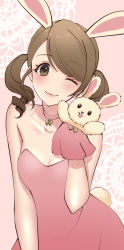 Rule 34 | 1girl, ;), animal ears, ayn (ayn kau), blush, brown hair, choker, collarbone, dress, drill hair, floral print, hand puppet, highres, idolmaster, idolmaster cinderella girls, looking at viewer, mochida arisa, one eye closed, parted lips, patterned background, pink choker, pink dress, puppet, rabbit ears, rabbit puppet, rabbit tail, smile, solo, strapless, strapless dress, swept bangs, tail, twintails