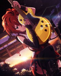 Rule 34 | 10s, 1girl, blue eyes, detached sleeves, guitar, idolmaster, idolmaster million live!, instrument, julia (idolmaster), looking at viewer, official art, red hair, smile, solo, sunrise