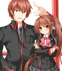 Rule 34 | 1boy, 1girl, bad id, bad pixiv id, bow, brother and sister, brown hair, crossed arms, highres, iroba, little busters!, natsume kyousuke, natsume rin, pink bow, ponytail, red eyes, school uniform, short hair, siblings