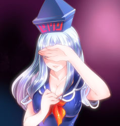 1girl blue_hair breasts cleavage covering_own_eyes female_focus hat kamishirasawa_keine lips long_hair mizuki_hitoshi neckerchief solo touhou upper_body