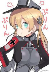 Rule 34 | 1girl, :t, ahenn, aqua eyes, blonde hair, breasts, gloves, hair between eyes, hat, kantai collection, large breasts, long hair, long sleeves, low twintails, military, military hat, military uniform, peaked cap, pout, prinz eugen (kancolle), simple background, solo, twintails, twitter username, uniform, upper body, white background, white gloves