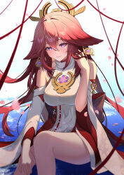 Rule 34 | 1girl, absurdres, animal ears, bare shoulders, chenghuzongsi, commentary request, detached sleeves, floral print, fox ears, genshin impact, highres, long hair, looking at viewer, pink hair, purple eyes, red skirt, shirt, sitting, skirt, smile, solo, thighs, very long hair, white shirt, yae miko